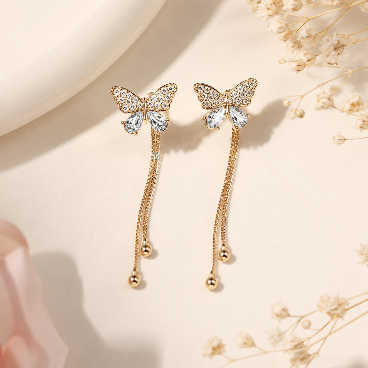 TITLIYA Korean Style Gold Butterfly Crystal Drop Earrings for Women