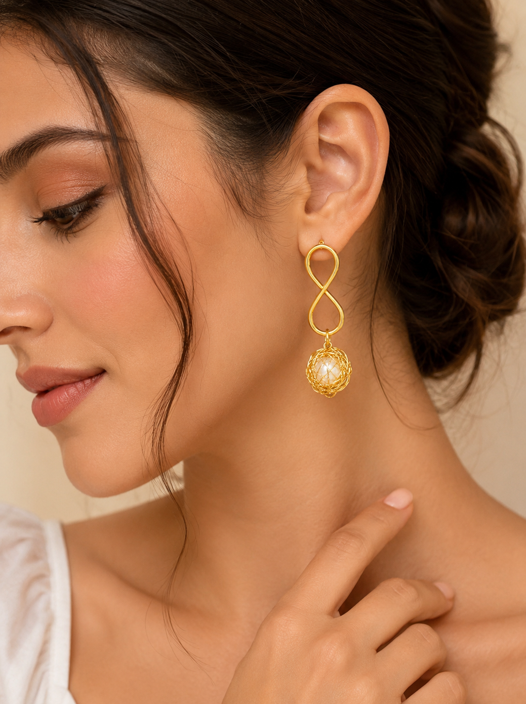 Gold Infinity Pearl Wire Ball Drop Earrings