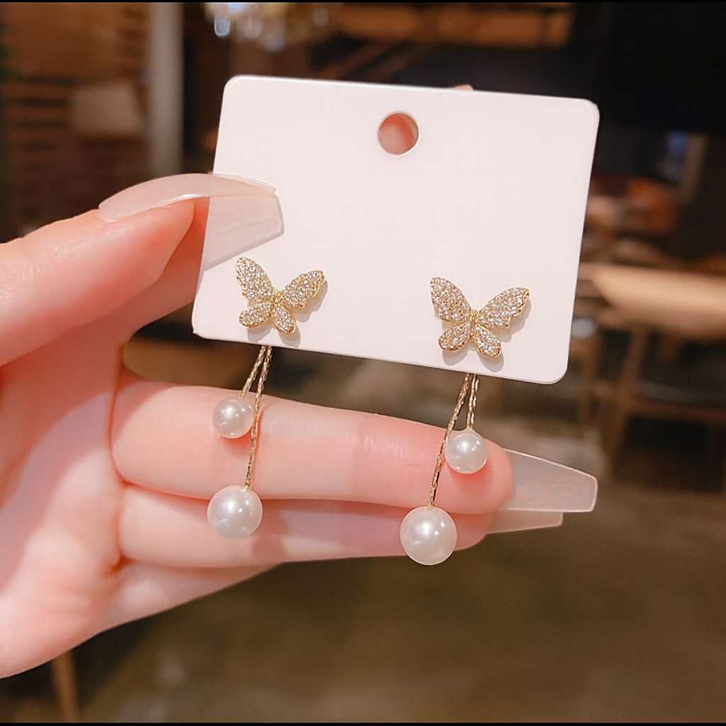 Butterfly Earrings with Pearl Drop Korean Design - TITLIYA