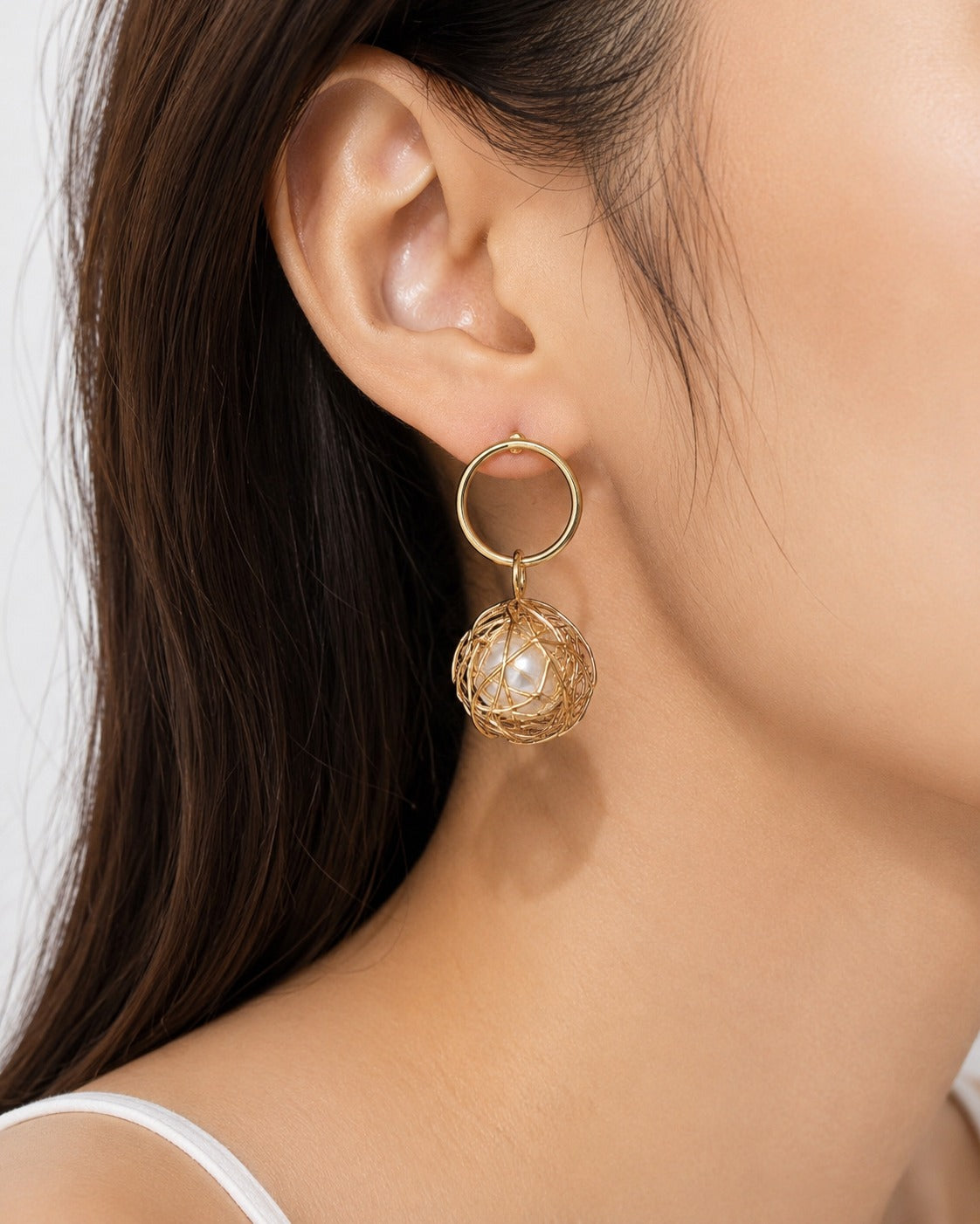 Pearl Wire Ball Hoop Drop Earrings