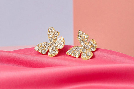 Golden Butterfly Stud Earrings with Diamond Dust (Luxury) - TITLIYA