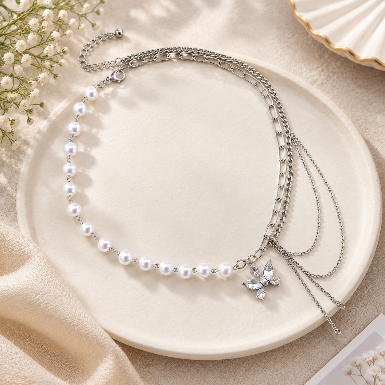 TITLIYA Korean Style Multi-Layer Pearl & Butterfly Necklace for Women