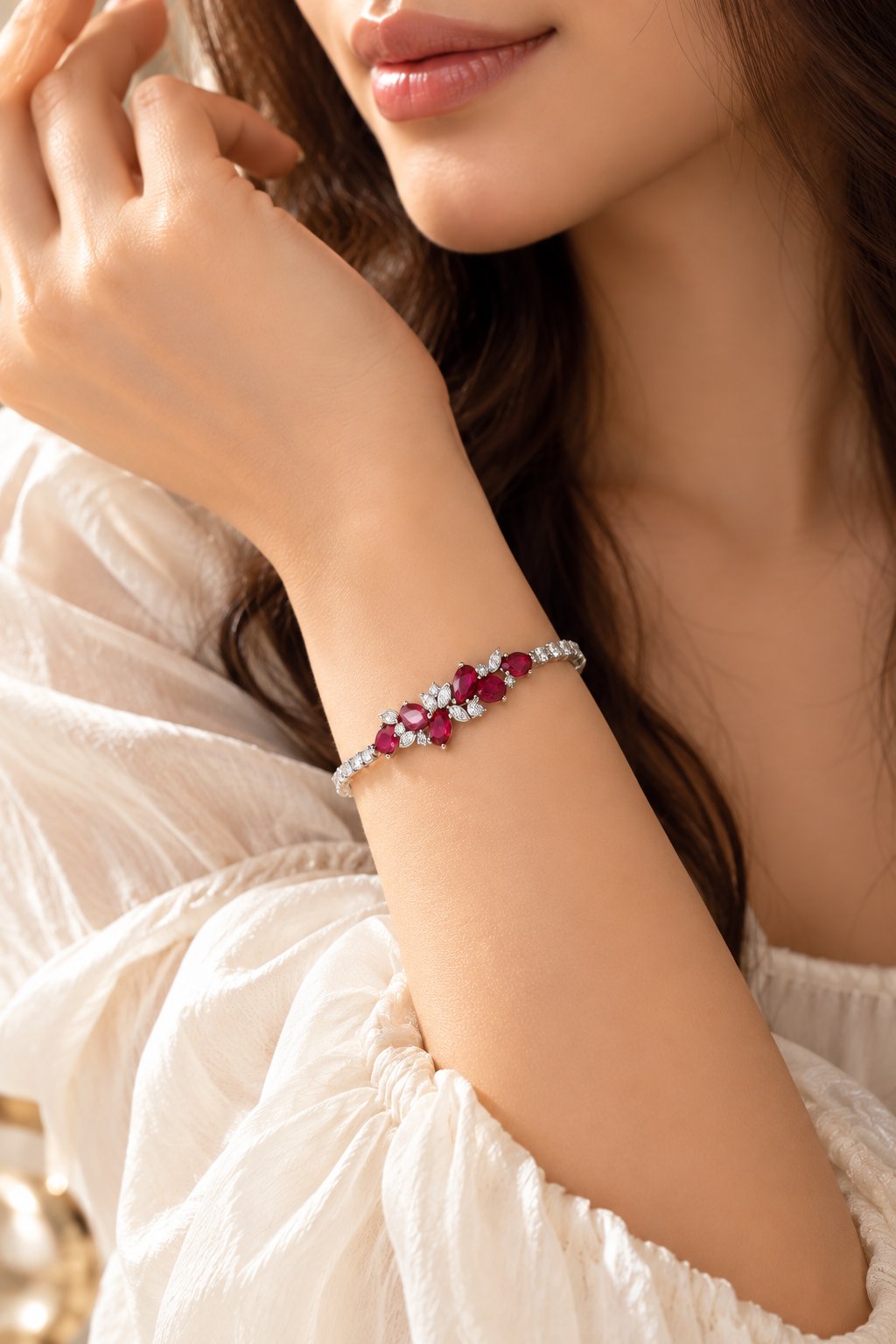 TITLIYA Korean Style Silver Red Floral Crystal Bracelet for Women