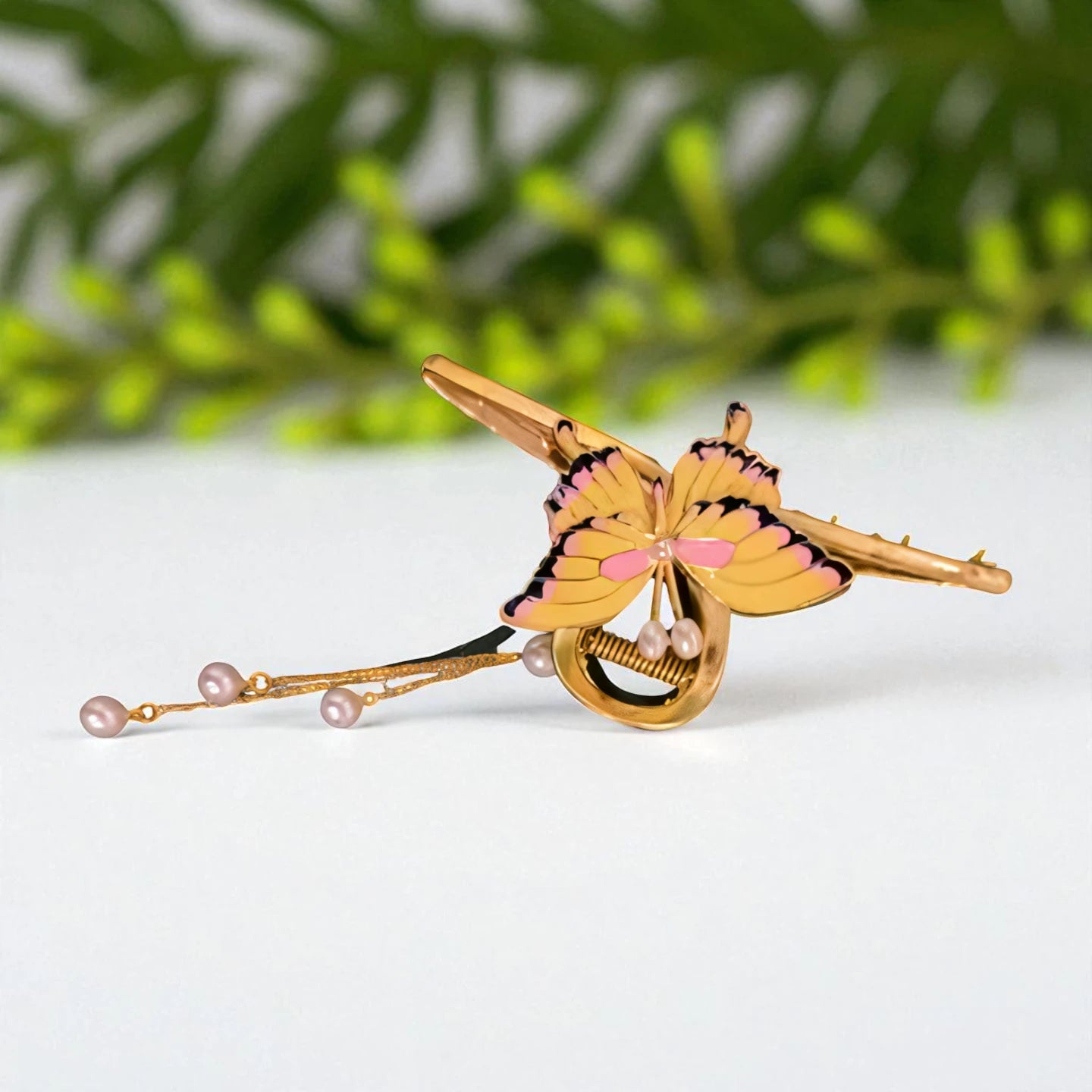 Yellow and Pink Butterfly Hair Clip with Pearl Chains - TITLIYA