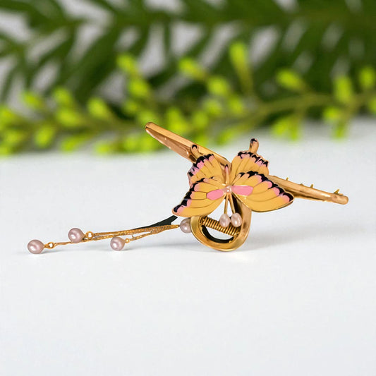 Yellow and Pink Butterfly Hair Clip with Pearl Chains - TITLIYA