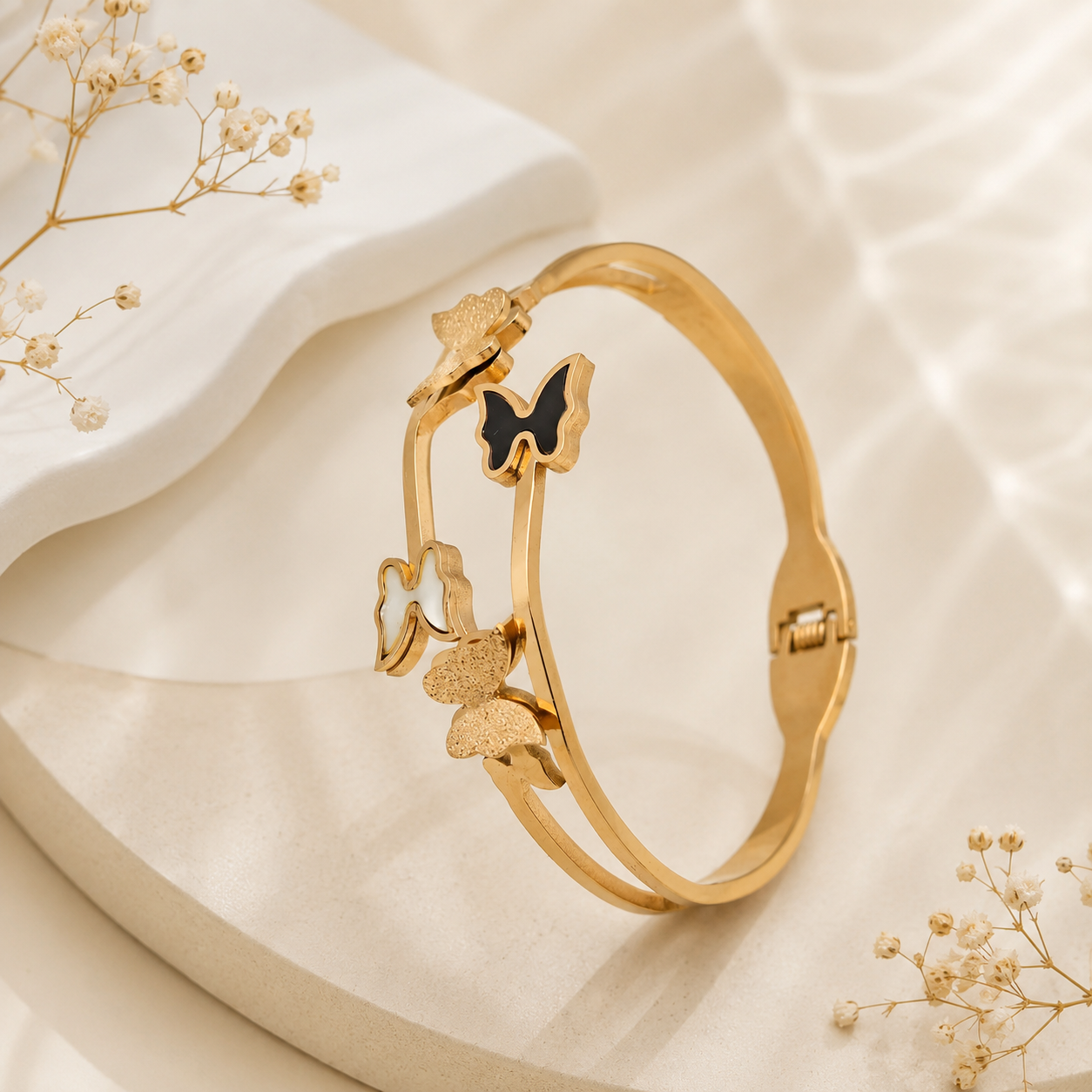 TITLIYA Korean Style Butterfly Gold Bracelet for Women – Black & White Enamel Butterfly Charm Bracelet | Anti-Tarnish