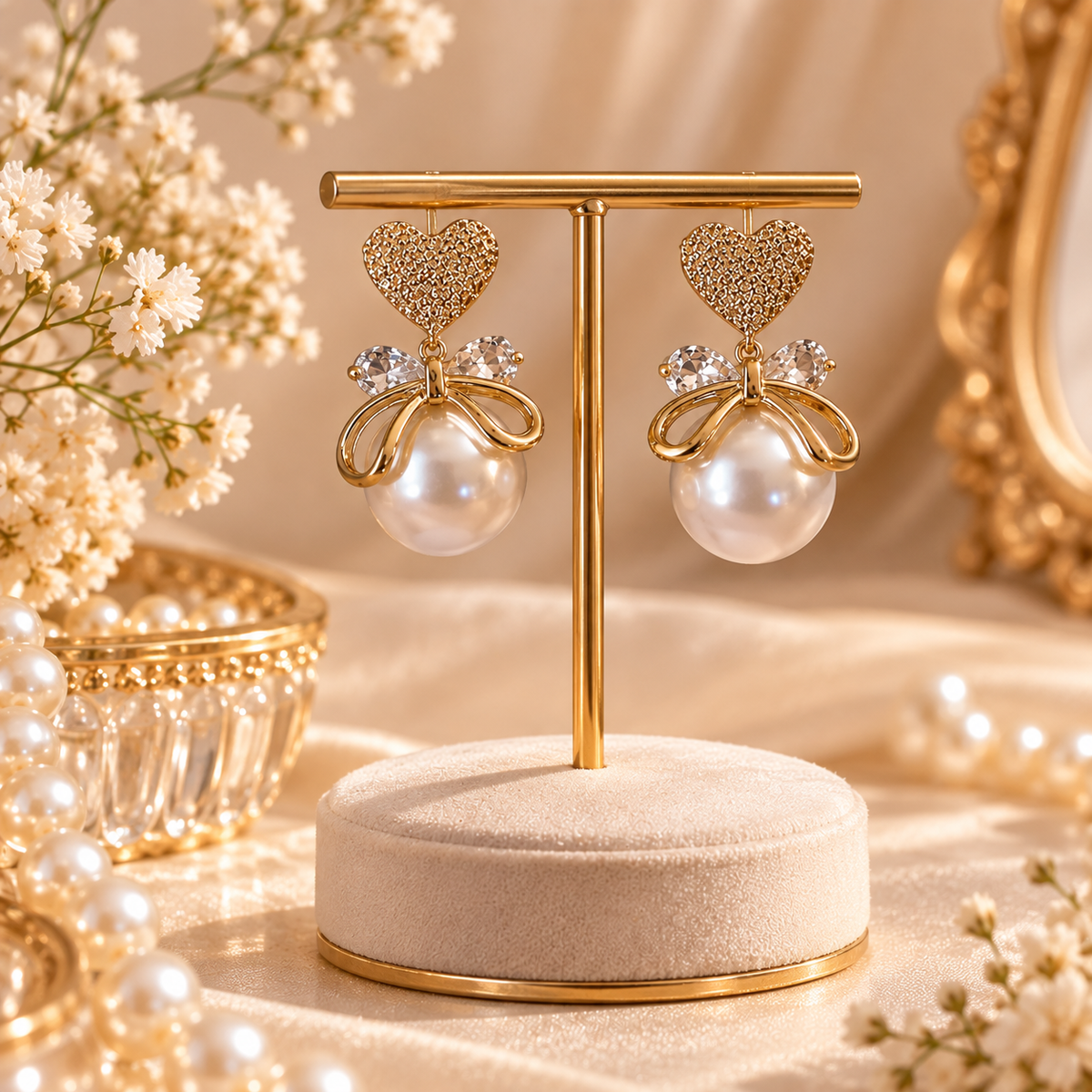 TITLIYA Korean Style Gold Pearl Heart Drop Earrings