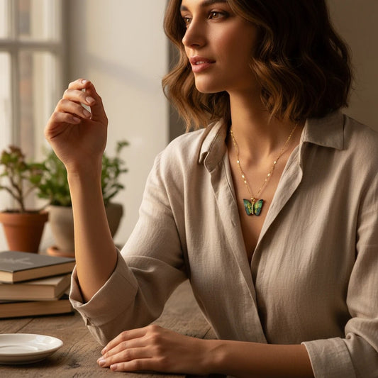 Woman wearing a TITLIYA blue butterfly pendant necklace with a gold chain, sitting at a wooden table.
