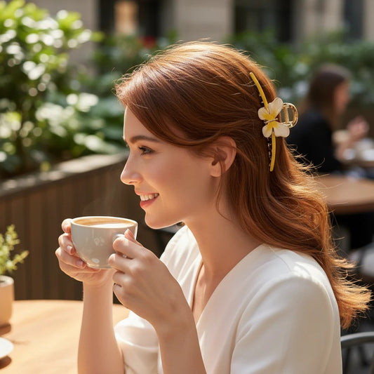 Woman with auburn hair wearing a TITLIYA gold and yellow enamel butterfly hair claw clip at an outdoor cafe.