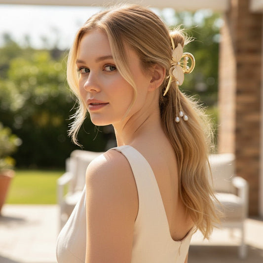 TITLIYA butterfly hair claw clip in gold with off-white enamel and dangling faux pearls worn by a blonde woman.