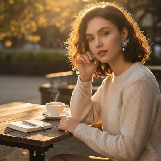 Woman wearing TITLIYA butterfly pearl drop earrings with blue and pink enamel at an outdoor cafe at sunset.
