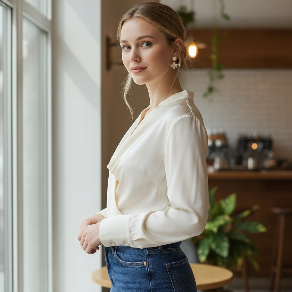 Woman wearing elegant TITLIYA flower-shaped earrings with crystal leaf accents, styled with a white blouse.