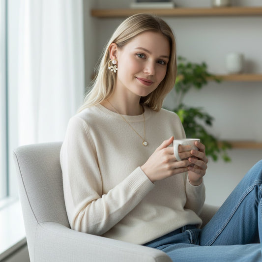 Woman wearing TITLIYA flower and crystal leaf Korean earrings, sitting in a chair with a coffee mug.