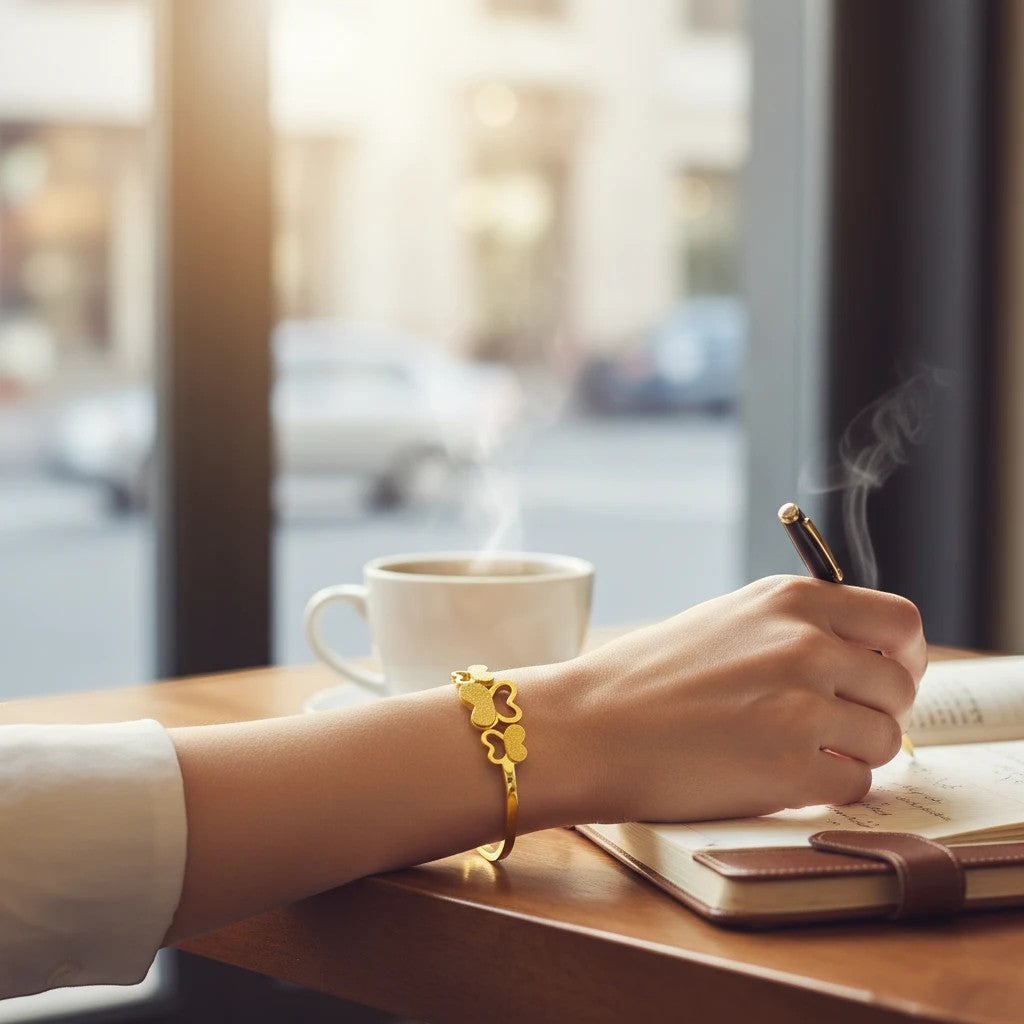 TITLIYA gold-plated butterfly bracelet worn by a woman writing in a notebook next to a steaming cup of coffee.