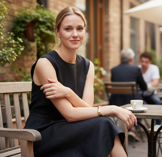 Woman wearing a TITLIYA gold-plated square geometric bracelet while sitting at an outdoor cafe in a black dress.