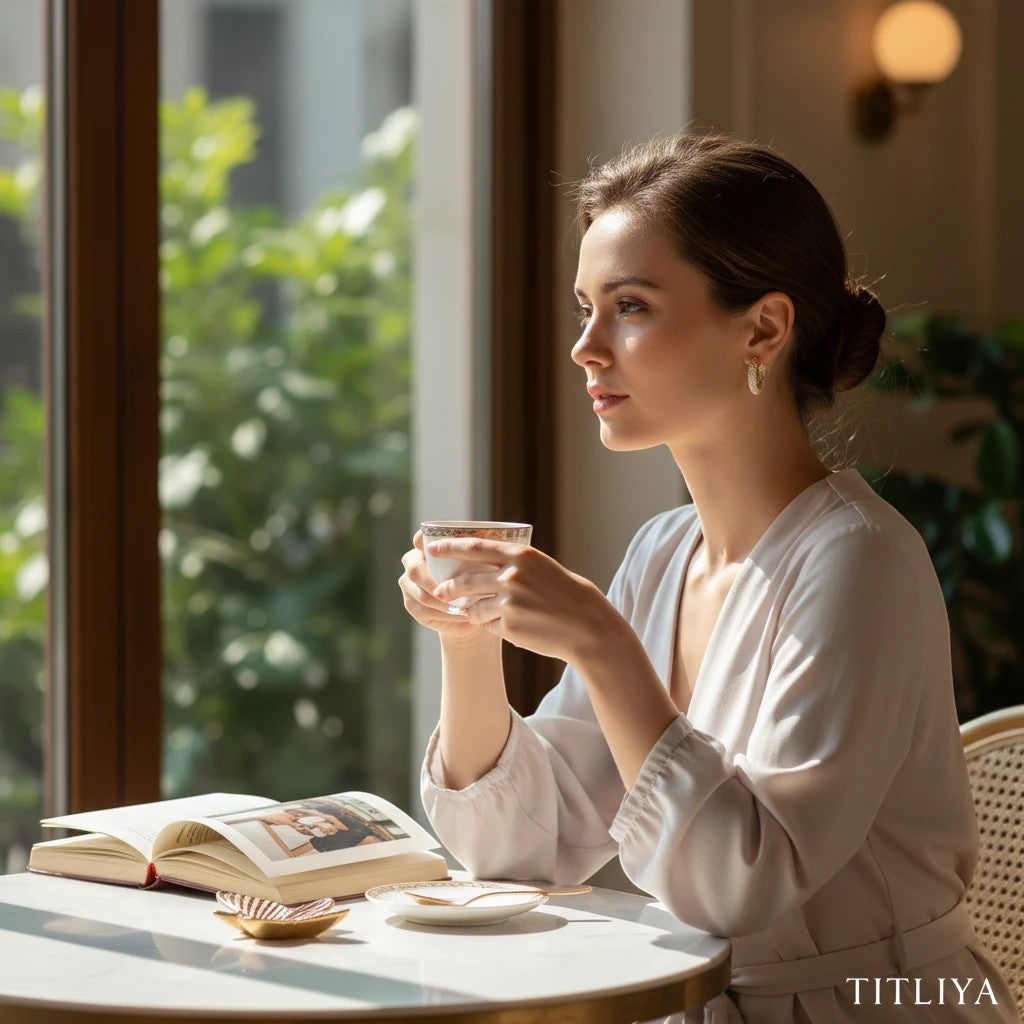 Woman wearing elegant TITLIYA gold-plated mini stone earrings while drinking tea by a sunlit window.