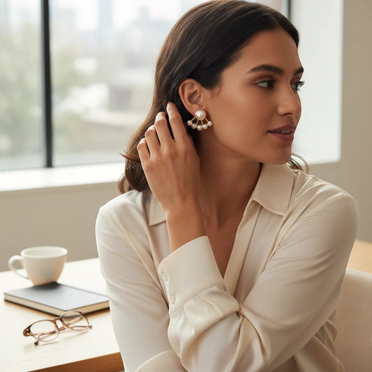 Woman wearing TITLIYA gold-plated needle pearl earrings with a fan-shaped design in a professional office setting.