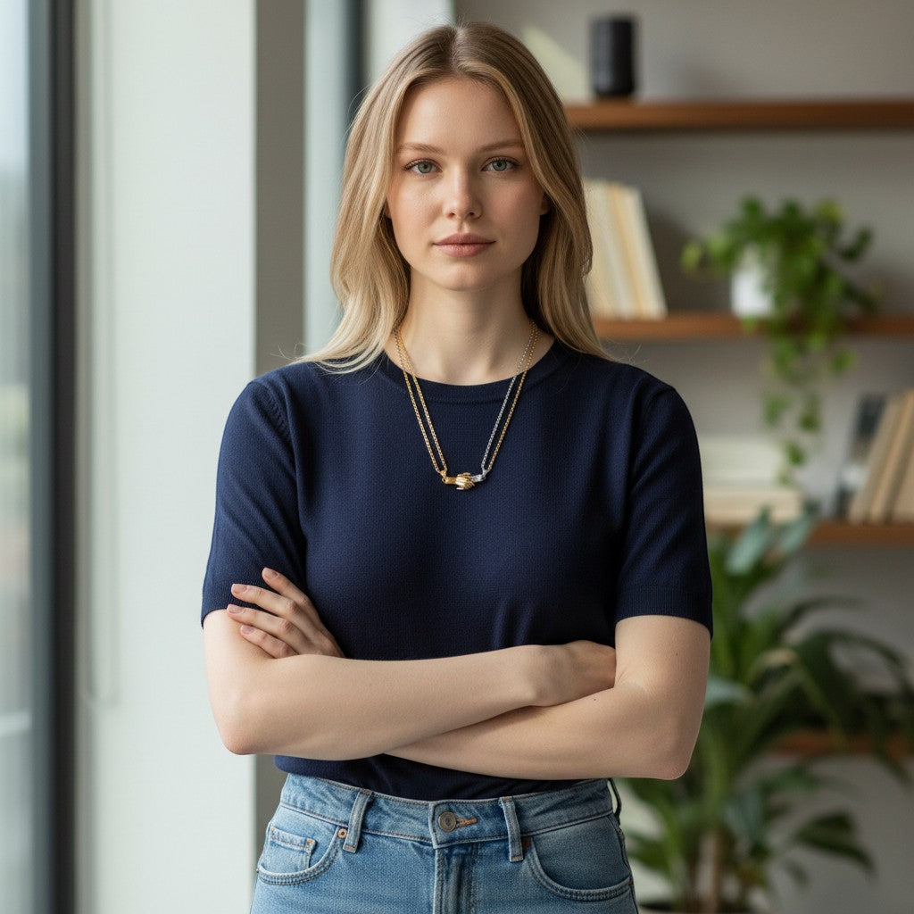 Woman wearing a TITLIYA gold and silver magnet handshake couple necklace with a navy blue top in a bright room.