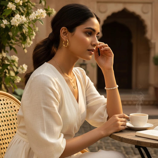 Woman wearing TITLIYA medium gold twisted hoop earrings, styled with a white dress and pearl bracelet outdoors.