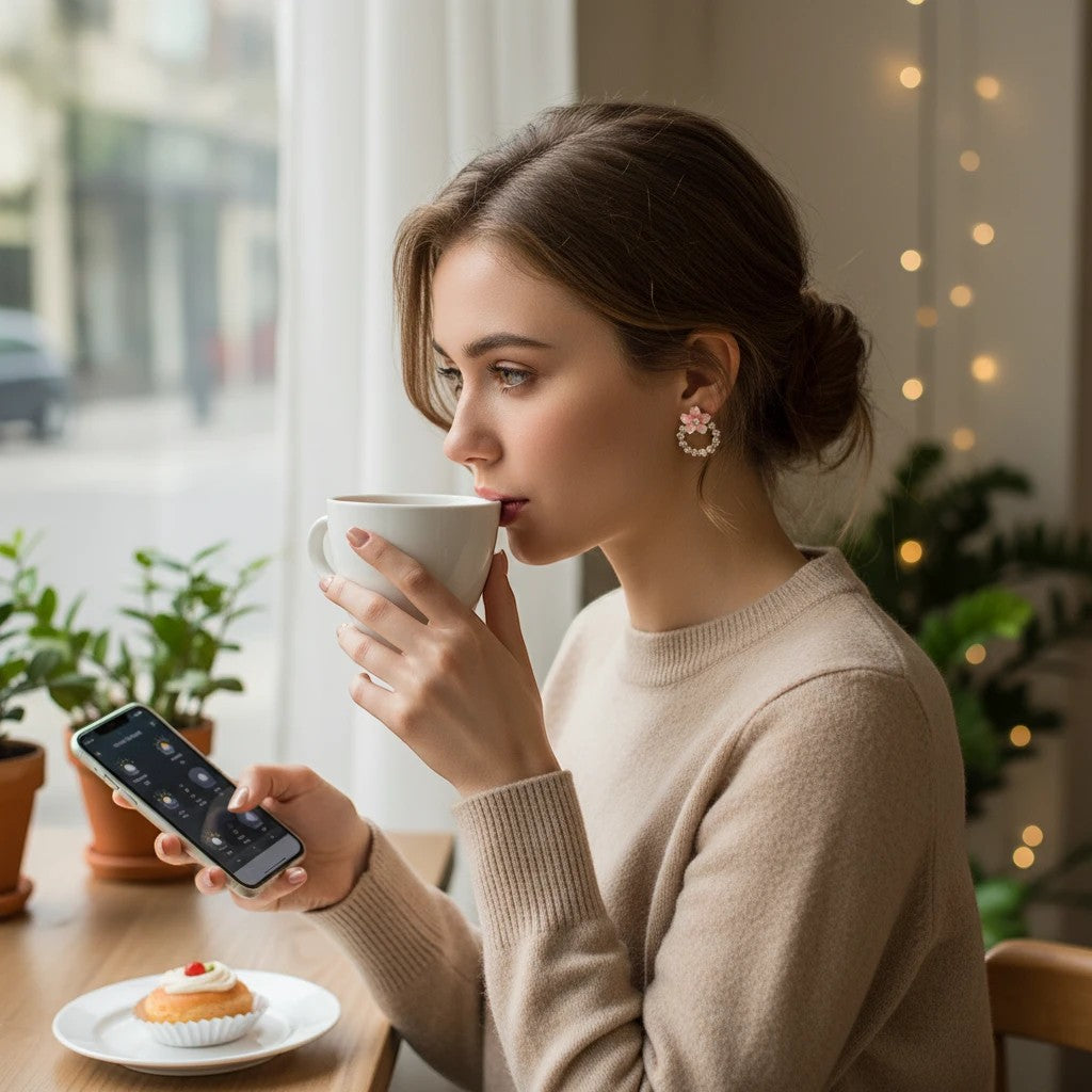 Woman wearing TITLIYA peach round crystal Korean earrings while drinking coffee in a cozy cafe setting.