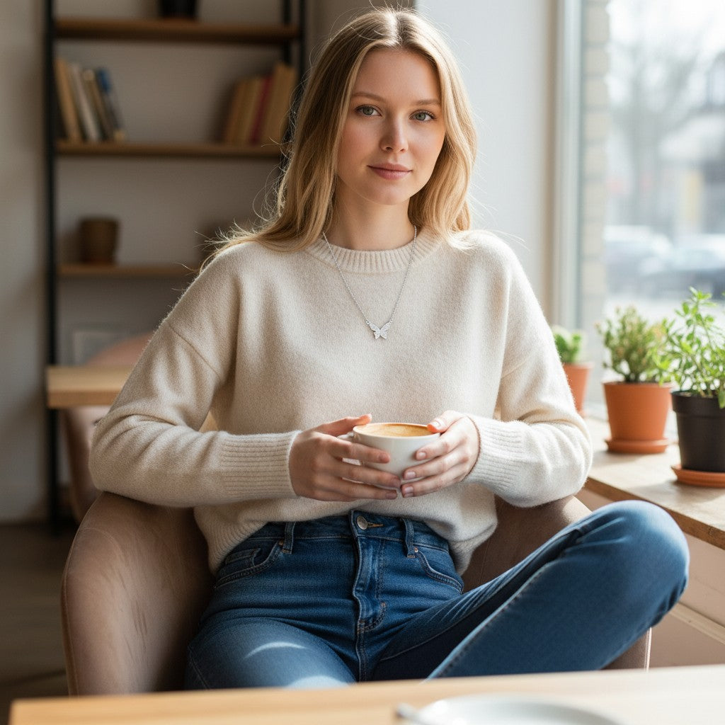 Woman wearing a TITLIYA hallmarked stainless steel butterfly necklace with a cream sweater in a cozy cafe setting.