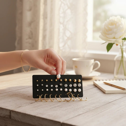 TITLIYA set of 20 elegant stud earrings featuring gold, crystal, and pearl designs on a display card held by a hand.