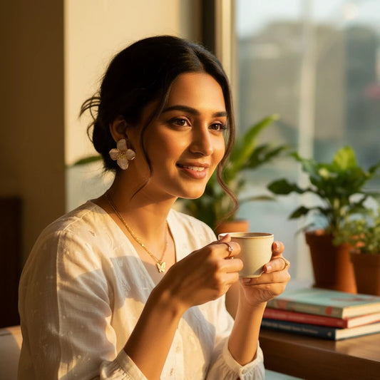 Woman wearing elegant white flower earrings by TITLIYA, styled with a white top while holding a coffee cup.