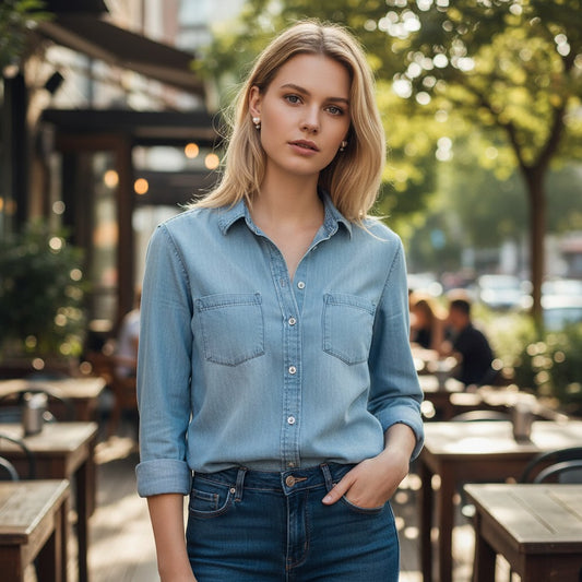 A woman wearing elegant TITLIYA white heart diamond earrings, styled with a casual denim shirt in an outdoor cafe.
