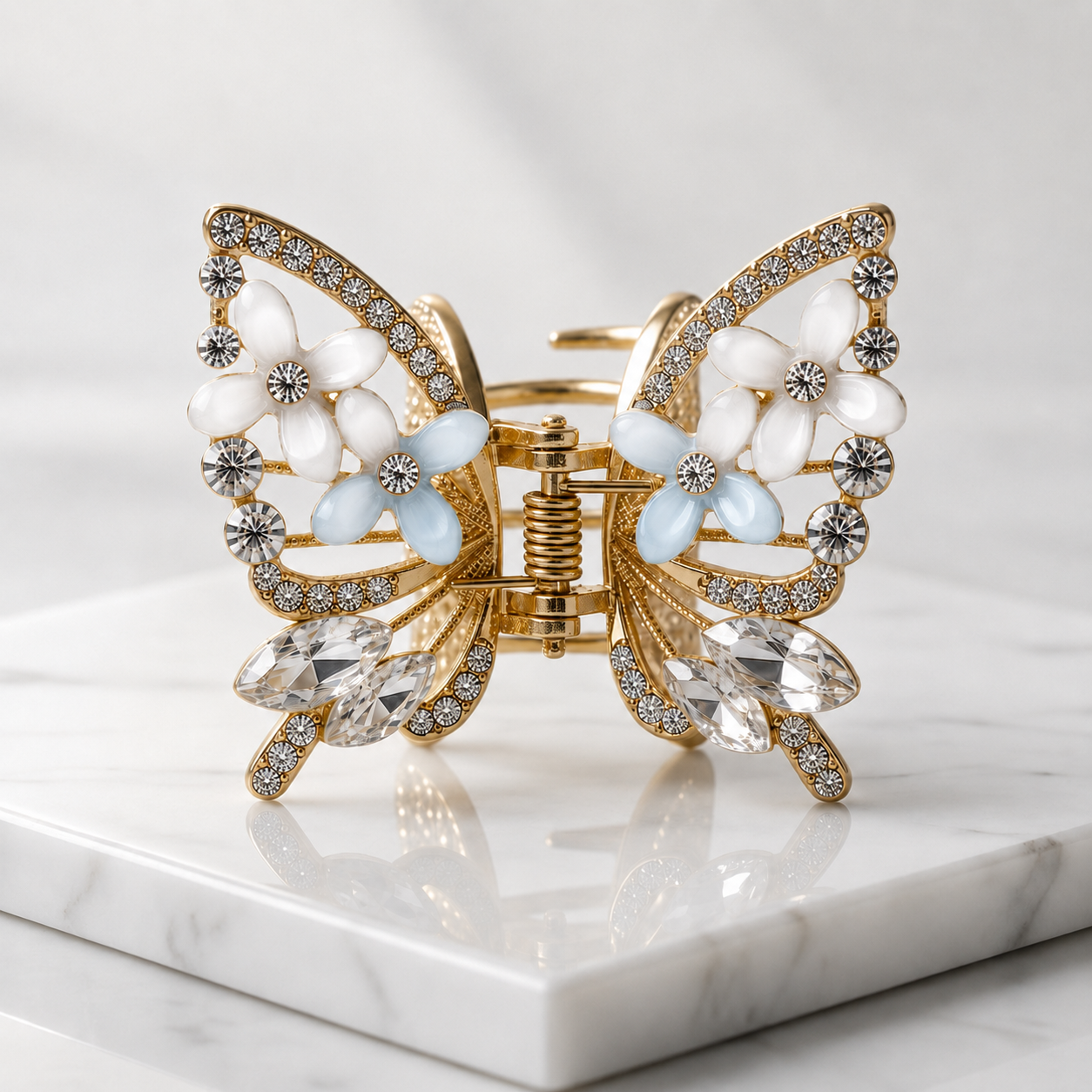 TITLIYA Korean White & Blue Butterfly Claw Hair Clip – Anti-Tarnish Floral Design