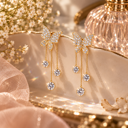 TITLIYA Korean Style Gold Butterfly Crystal Drop Earrings