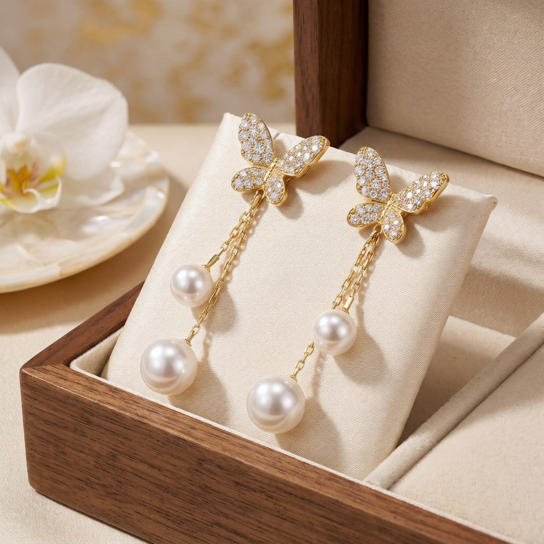 TITLIYA Korean Style Gold Butterfly Pearl Drop Earrings