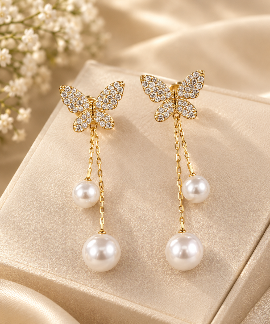 TITLIYA Korean Style Gold Butterfly Pearl Drop Earrings