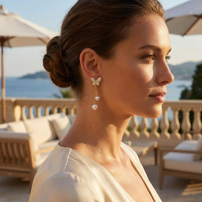 Butterfly Earrings with Pearl Drop Korean Design
