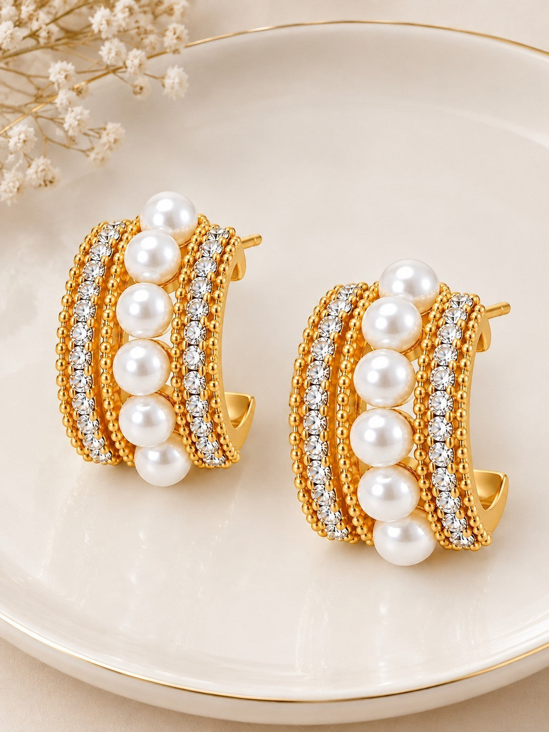 TITLIYA Korean Pearl Crystal Hoop Earrings For Women