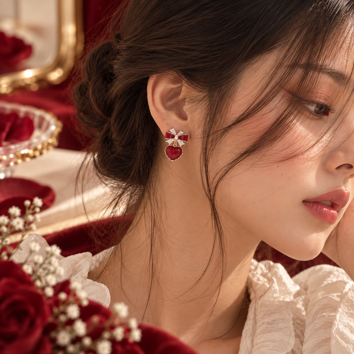TITLIYA Korean Style Red Cherry Bow Drop Earrings