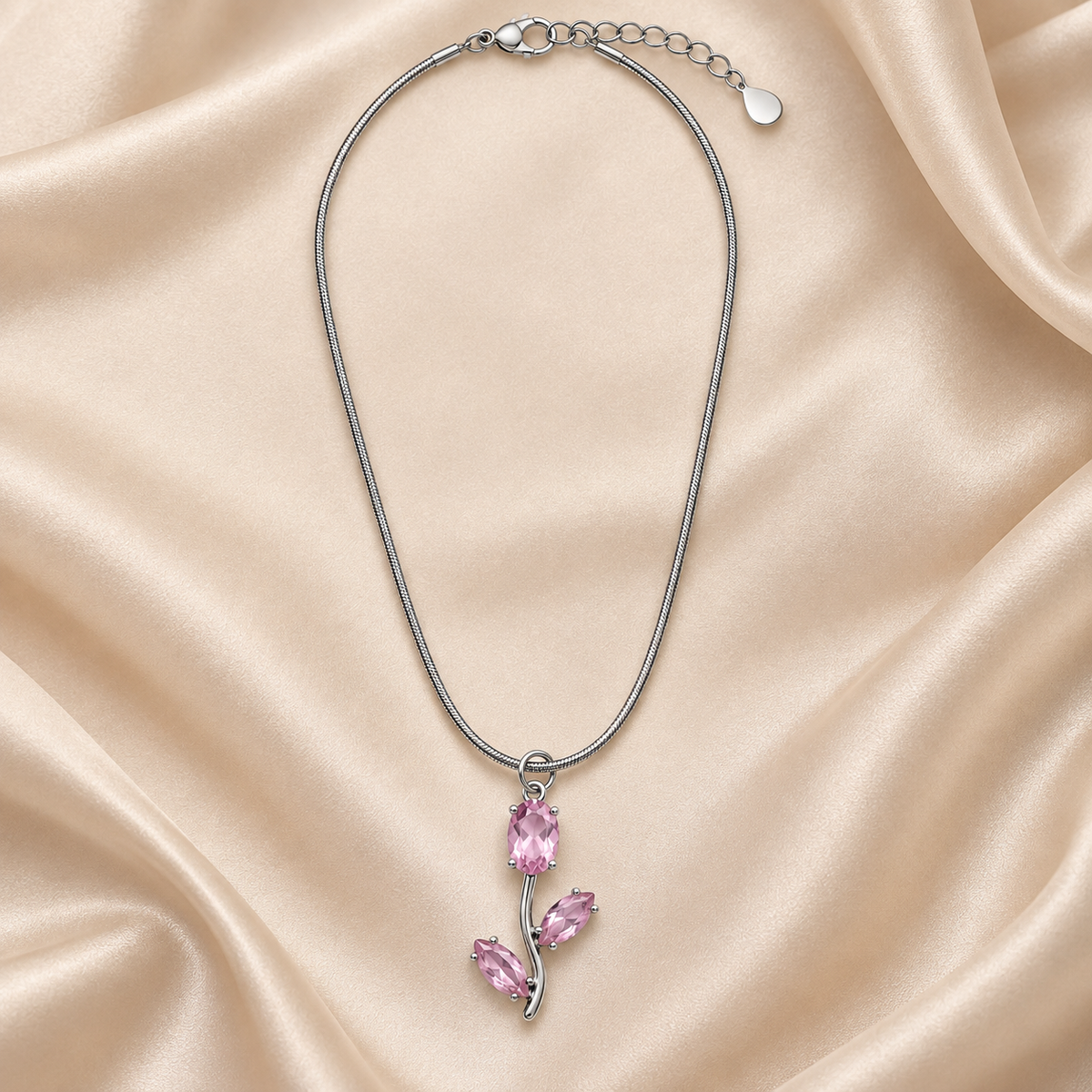 TITLIYA Korean Style Silver Tone Pink Tulip Pendant Necklace