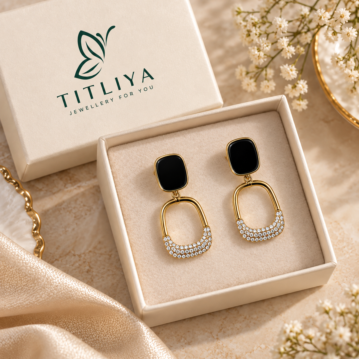 TITLIYA Korean Style Black & Gold Geometric Crystal Drop Earrings