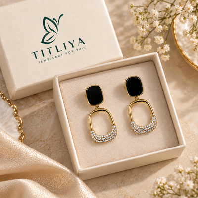 TITLIYA Korean Style Black & Gold Geometric Crystal Drop Earrings