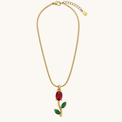 TITLIYA Korean Style Gold Tone Red & Green Tulip Pendant Necklace