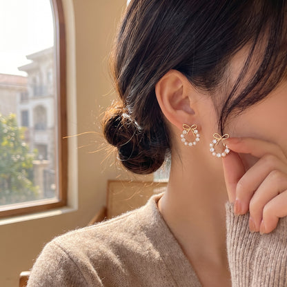TITLIYA Korean Style Gold Bow Pearl Drop Earrings for Women – Crystal & Pearl Hoop Earrings
