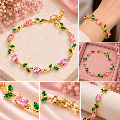 TITLIYA Korean Pink & Green Leaf Crystal Tulip Bracelet for Women