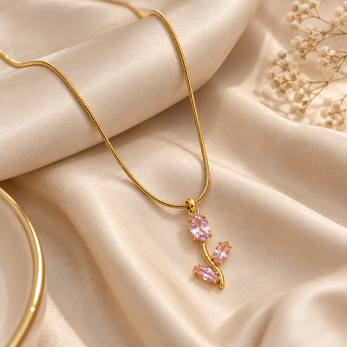 TITLIYA Korean Style Gold Tone Pink Tulip Pendant Necklace