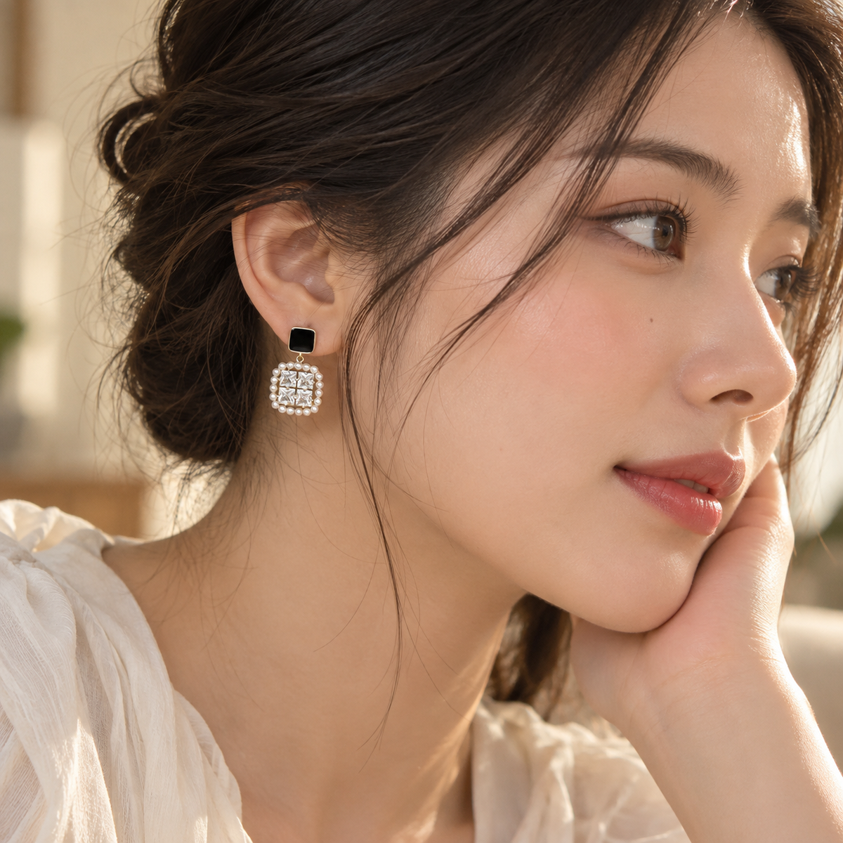 TITLIYA Korean Pearl Crystal Square Earrings for Women