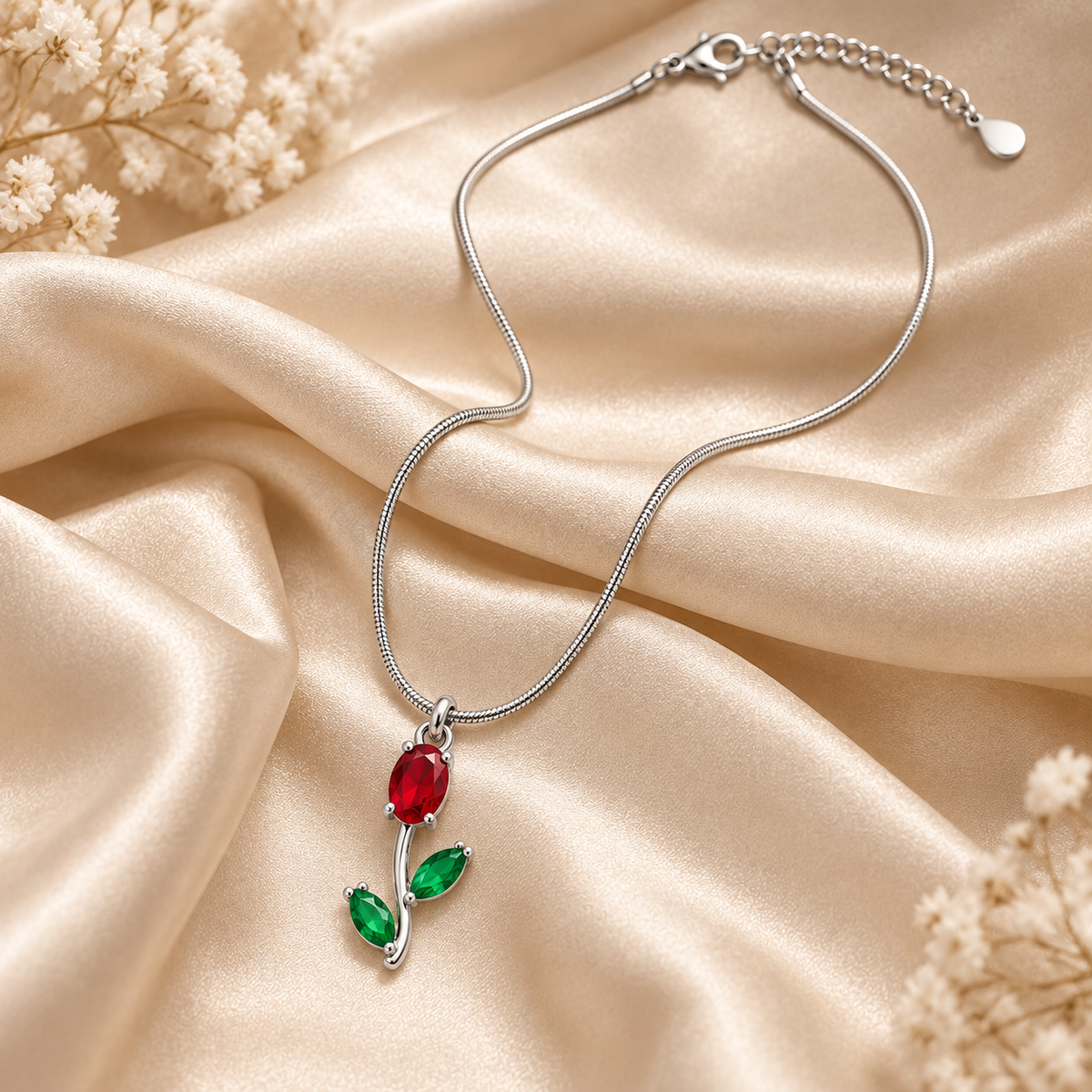 TITLIYA Korean Style Silver Tone Red & Green Tulip Pendant Necklace