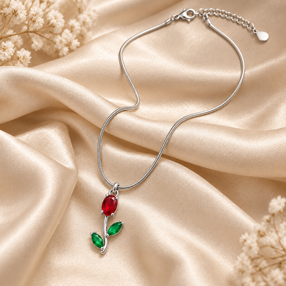 TITLIYA Korean Style Silver Tone Red & Green Tulip Pendant Necklace