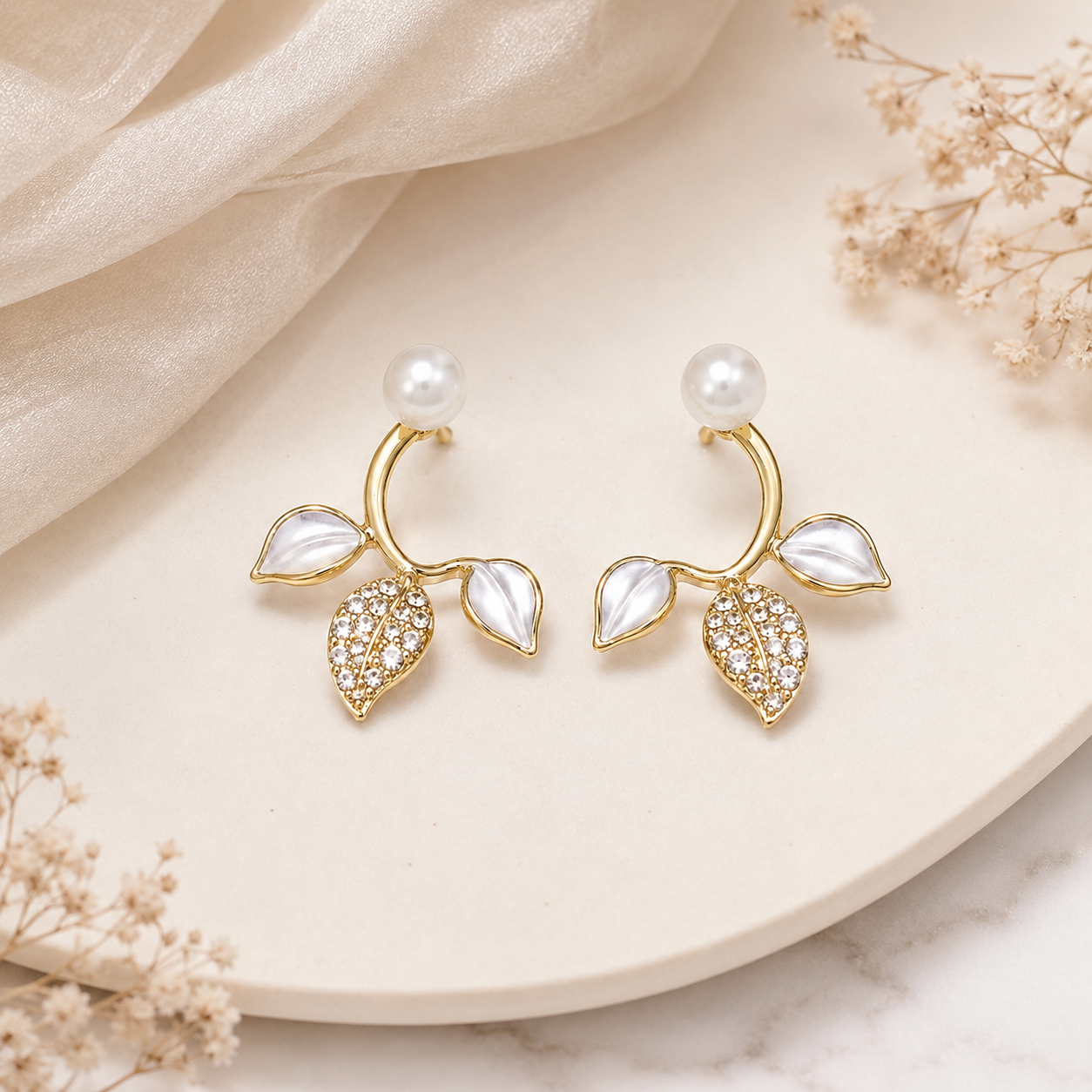 TITLIYA Korean Style Anti-Tarnish Pearl Leaf Stud Earrings for Women | Gold-Tone Pearl & Crystal Stud Earrings