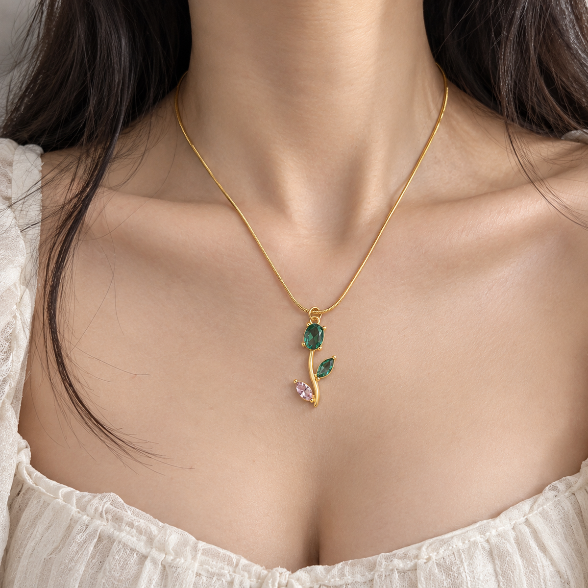 TITLIYA Korean Style Gold Tone Green & Pink Tulip Pendant Necklace