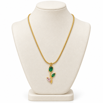 TITLIYA Korean Style Gold Tone Green & Pink Tulip Pendant Necklace