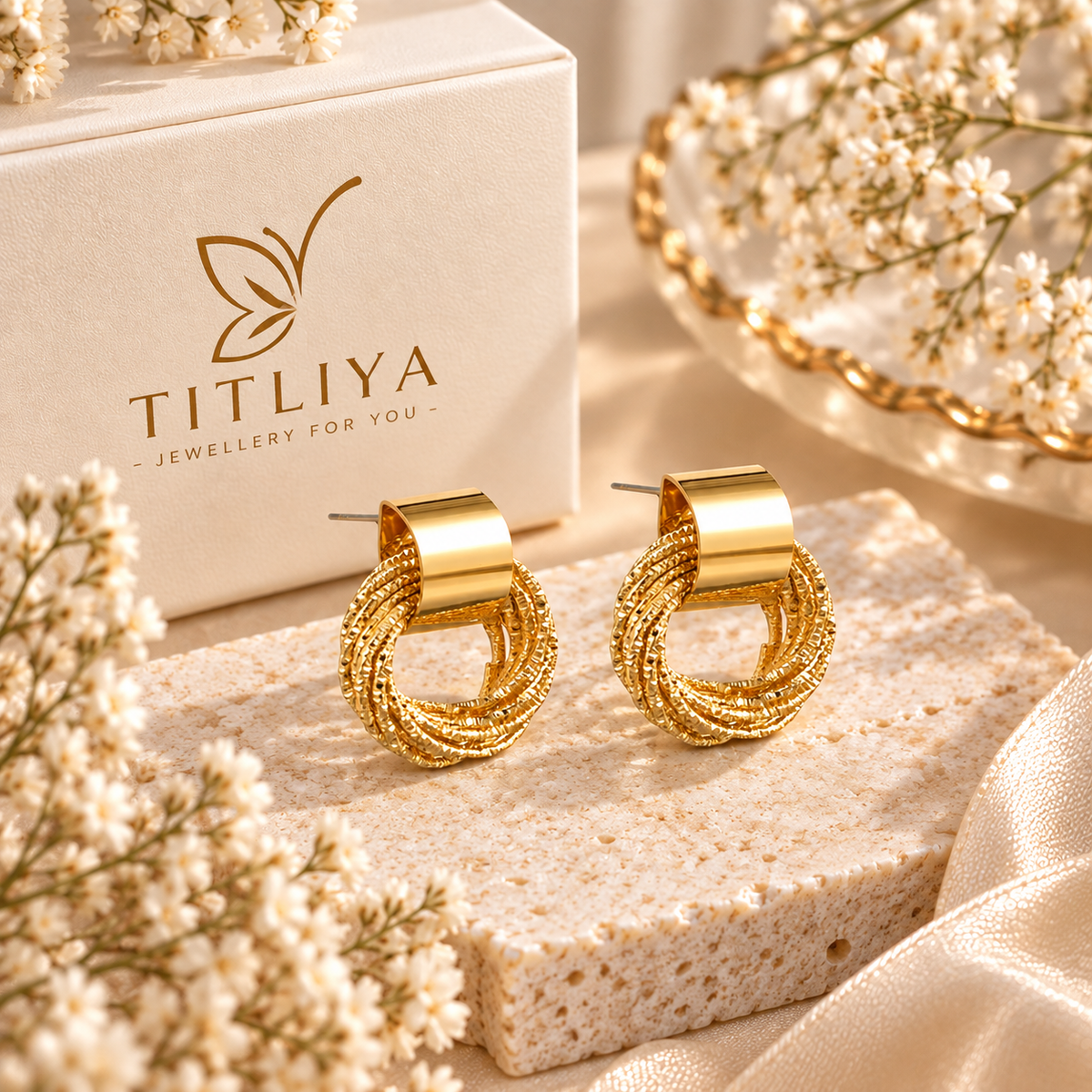 TITLIYA Korean Style Gold Round Textured Drop Stud Earrings