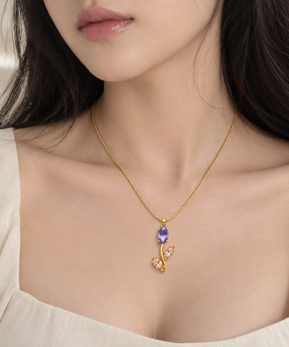 TITLIYA Korean Style Gold Tone Purple & Pink Tulip Pendant Necklace